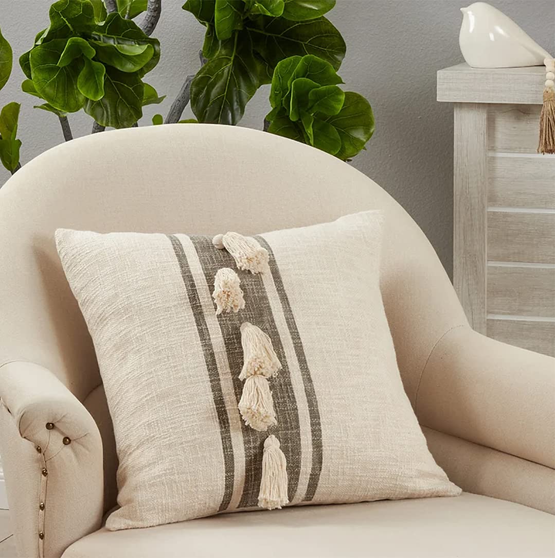 Fennco Styles Woven Striped Tassel Decorative Cotton Throw Pillow – Textured Cushion for Home, Couch, Bedroom, Living Ro
