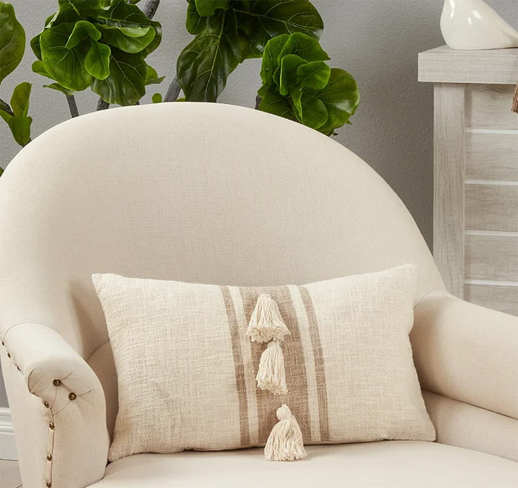 Fennco Styles Woven Striped Tassel Decorative Cotton Throw Pillow – Textured Cushion for Home, Couch, Bedroom, Living Ro