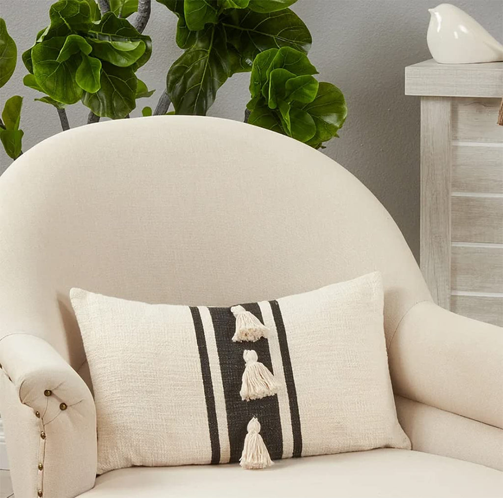 Fennco Styles Woven Striped Tassel Decorative Cotton Throw Pillow – Textured Cushion for Home, Couch, Bedroom, Living Ro