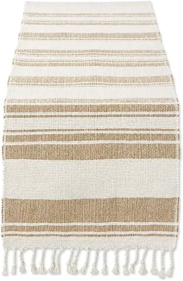 Fennco Styles Farmhouse Cotton Jute Table Runner with Tassel Fringe 14 x 72 Inch – Rustic Natural and Ivory Woven Table