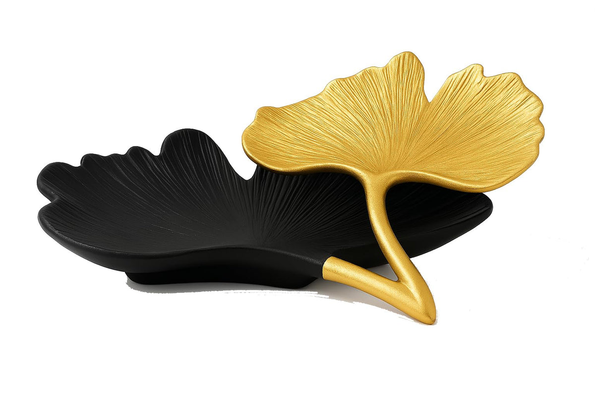 Black & Gold Ginkgo Leaf Tray, 2 – Tier Centerpiece