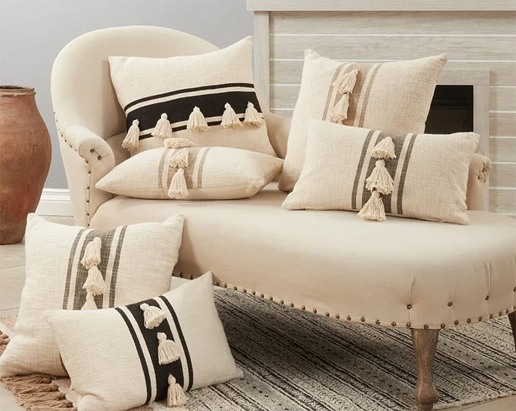 Fennco Styles Woven Striped Tassel Decorative Cotton Throw Pillow – Textured Cushion for Home, Couch, Bedroom, Living Ro