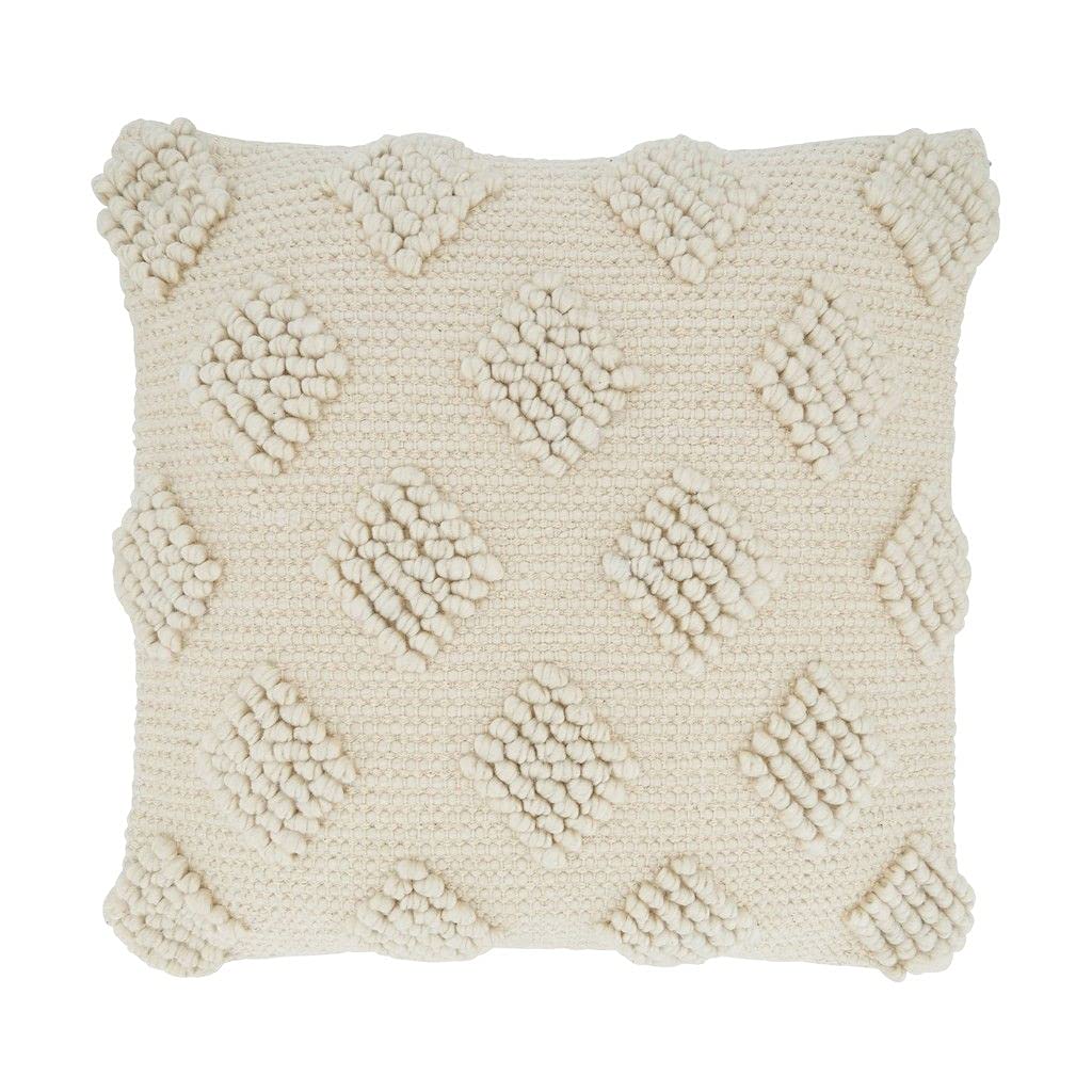 Fennco Styles Pom Pom Diamond Decorative Throw Pillow Cover 18" W x 18" L – Ivory Square Cushion Case for Home, Couch, B