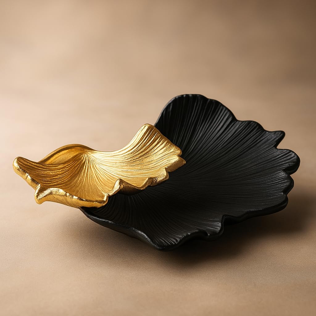 Black & Gold Ginkgo Leaf Tray, 2 – Tier Centerpiece