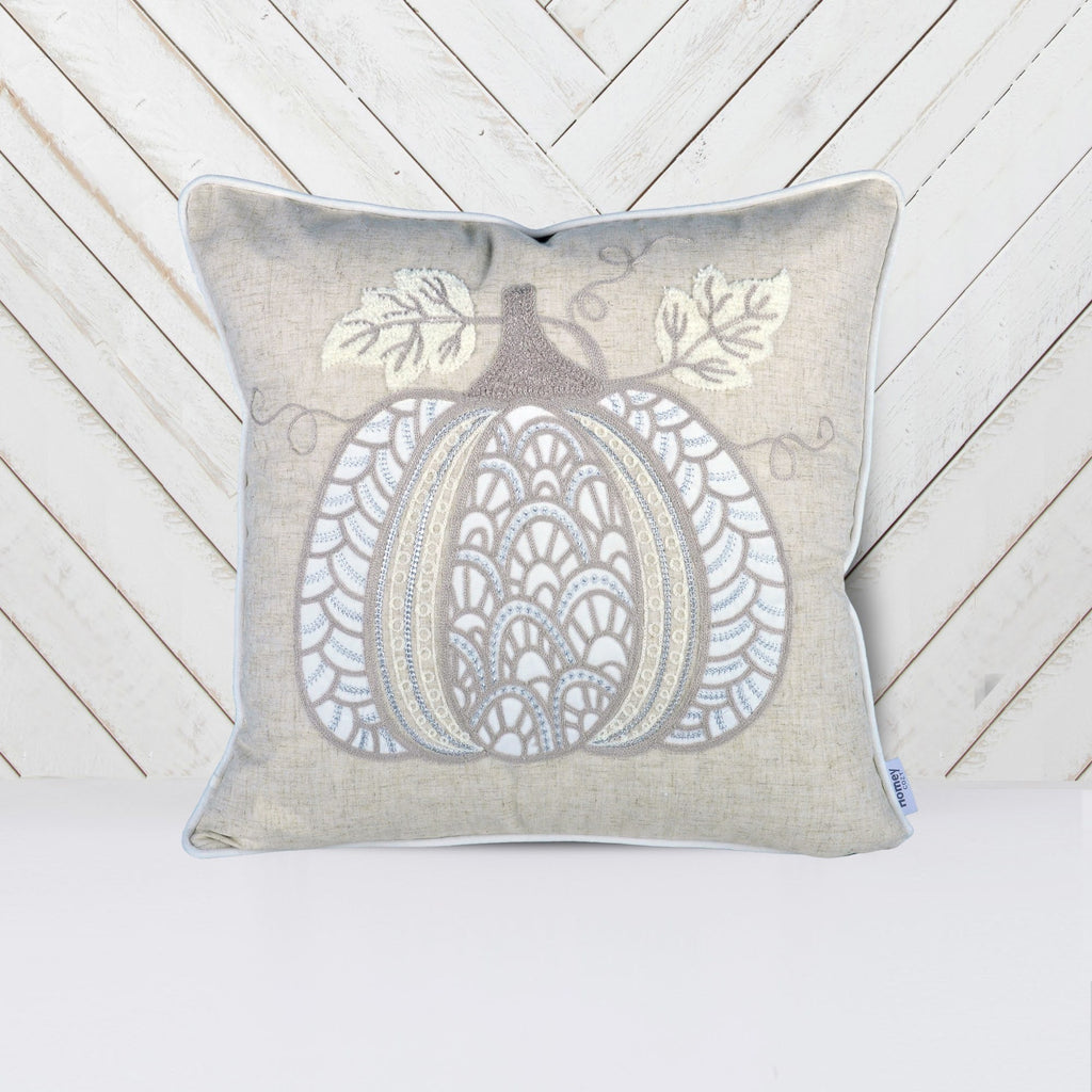 Lace Embroidered Pumpkin Throw Pillow – Neutral Fall Accent Cushion Set of 2