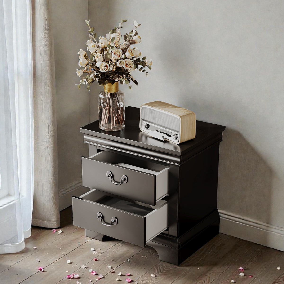 Classic Wooden Nightstand – Black