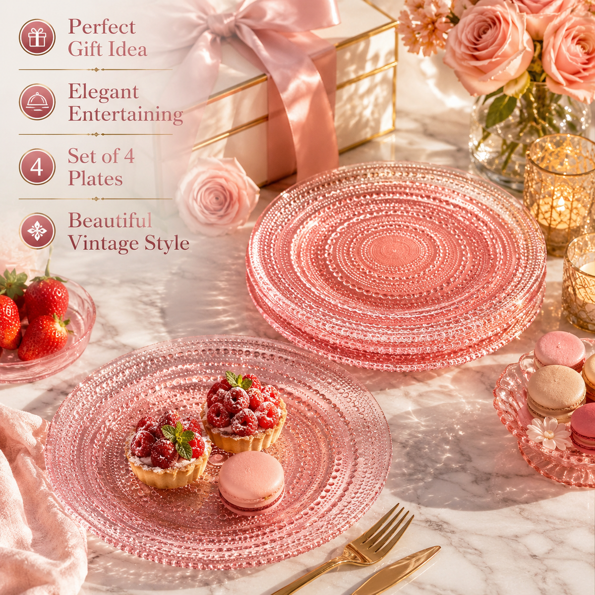 Blush Pink Hobnail Glass Dinner Plates, Set of 4, 10.6 – Inch
