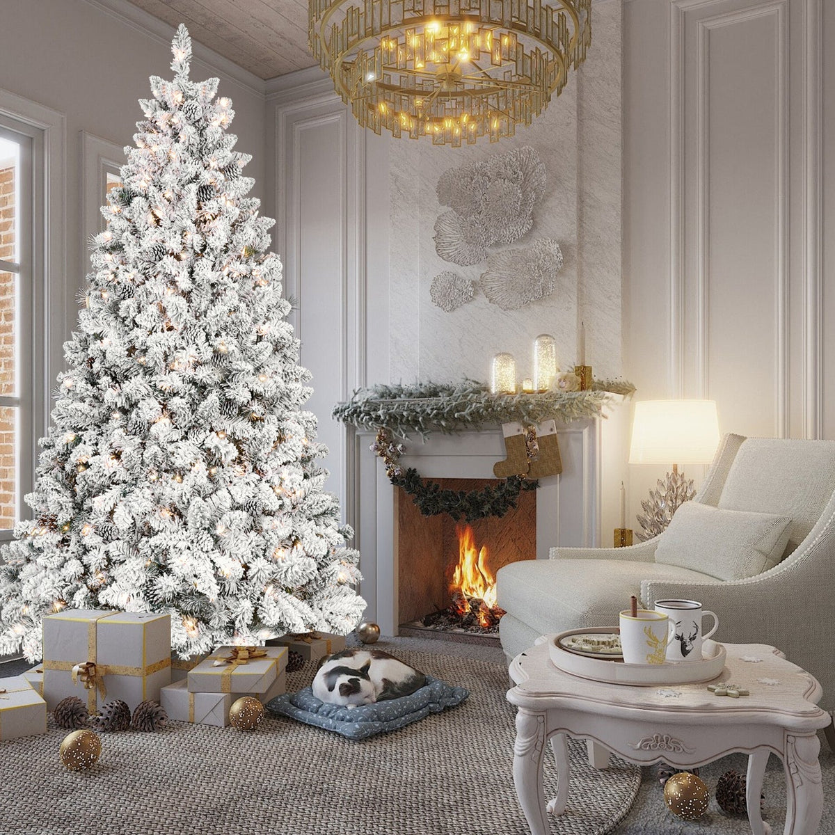 7.5FT Flocked Christmas Tree with 550 UL Lights and Pine Cones