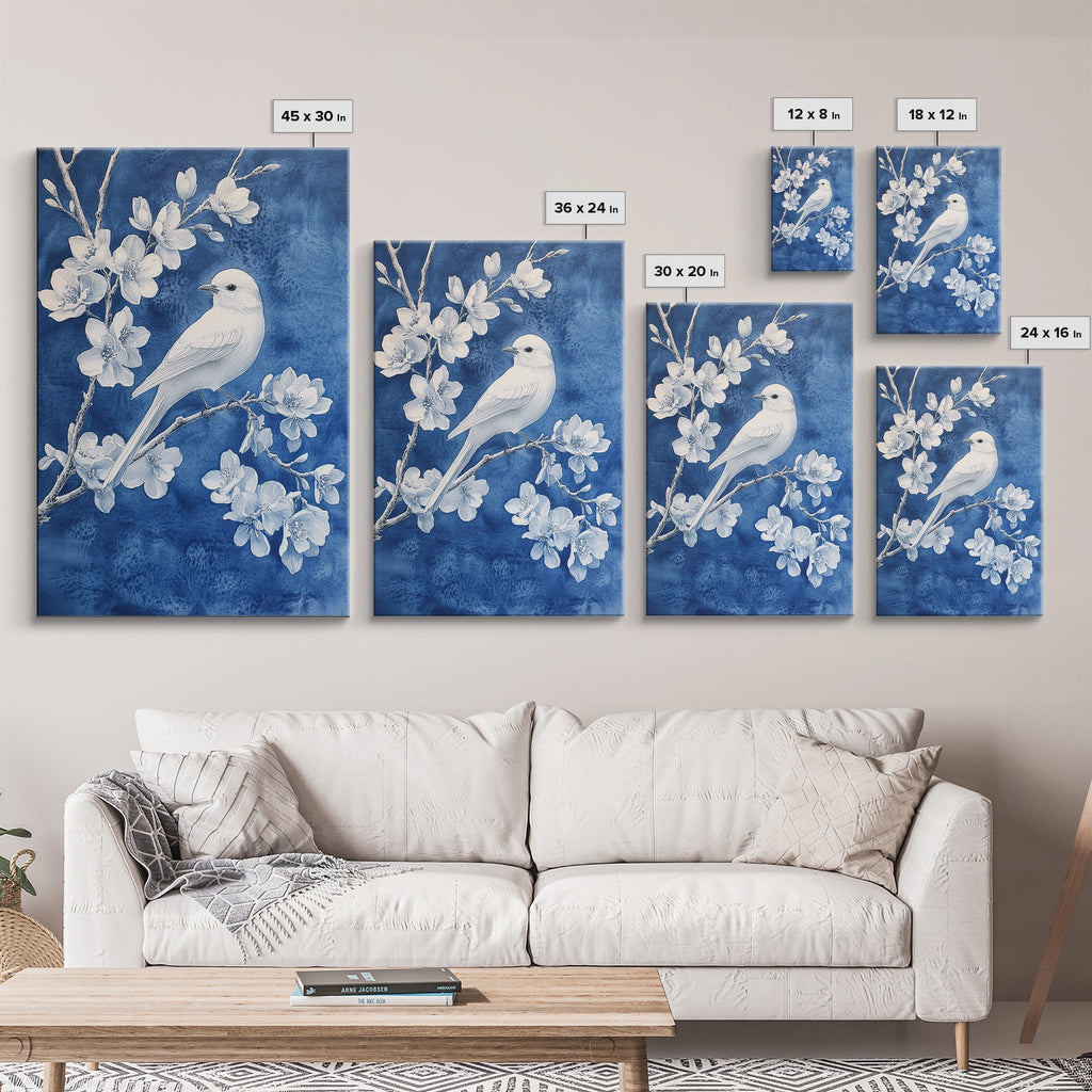 Blue Botanial Wall Art Chinoiserie Wall Art, White Bird, Blue Chinoiserie Home Decor, Botanical Print, Bird Painting, Fr