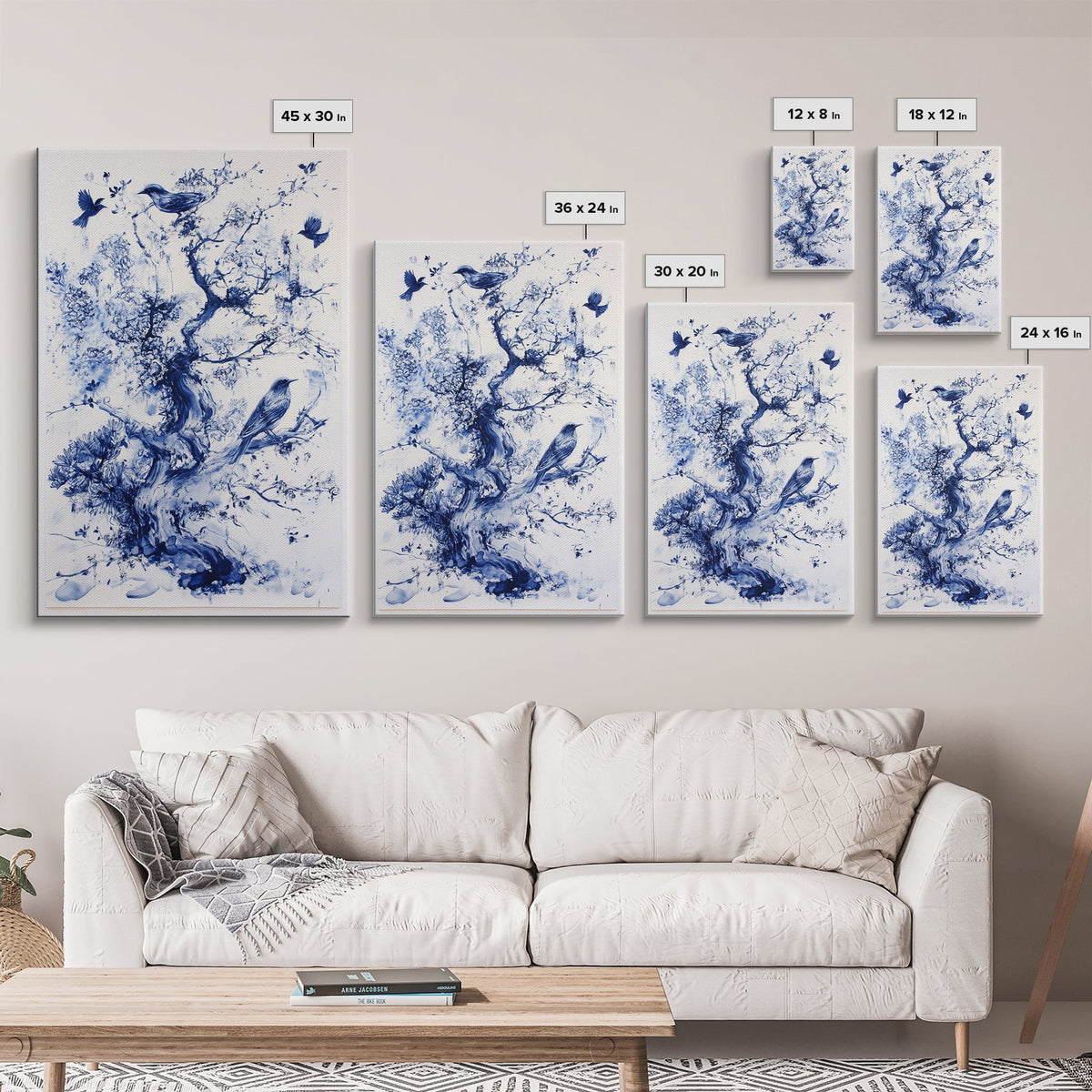Chinoiserie Wall Art Framed Canvas Print, Blue Tree and Birds, Botanical Print, Birdwatcher Gift Idea, Chinoiserie Style