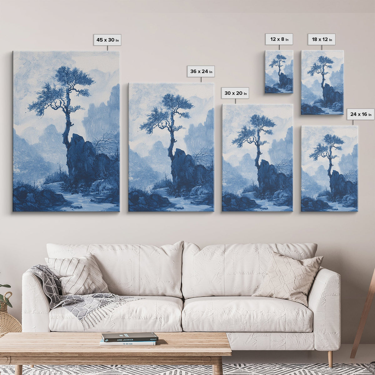 Chinoiserie Wall Art, Chinoiserie Style Canvas Print, Chinoiserie Blue Painting, Retro Boho Style Minimalist Wall Art, B