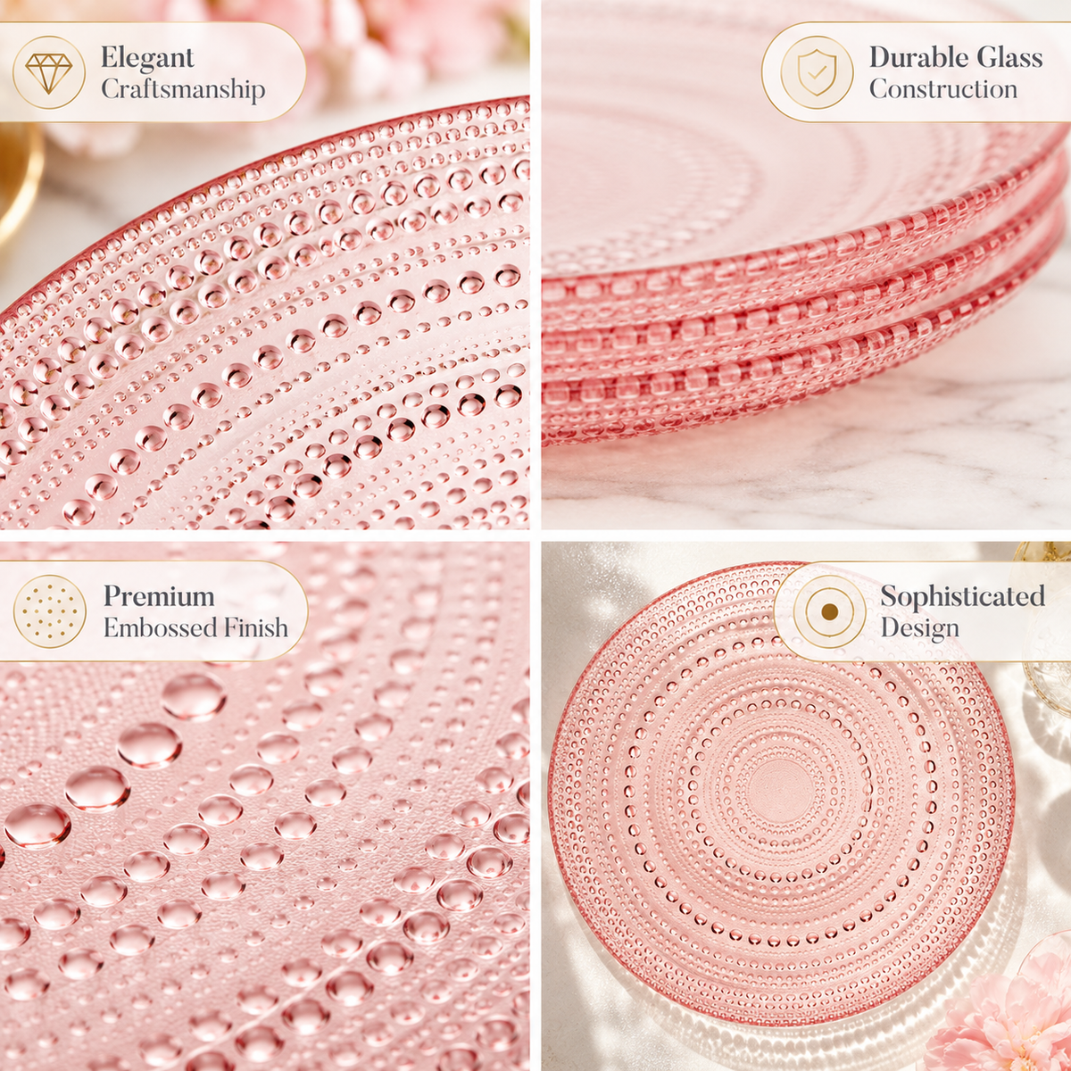 Blush Pink Hobnail Glass Dinner Plates, Set of 4, 10.6 – Inch
