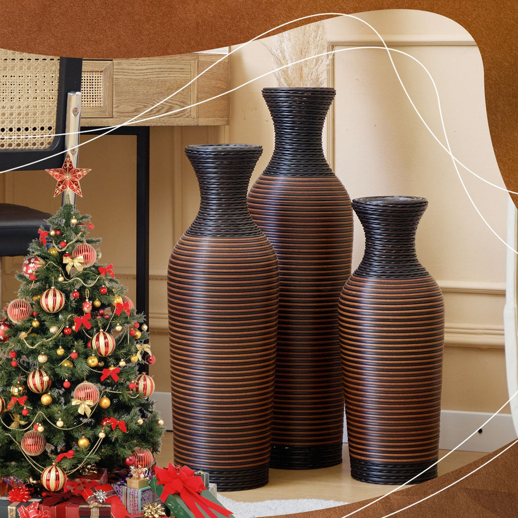 Hand – Woven PVC Rattan Vases, Set of 3