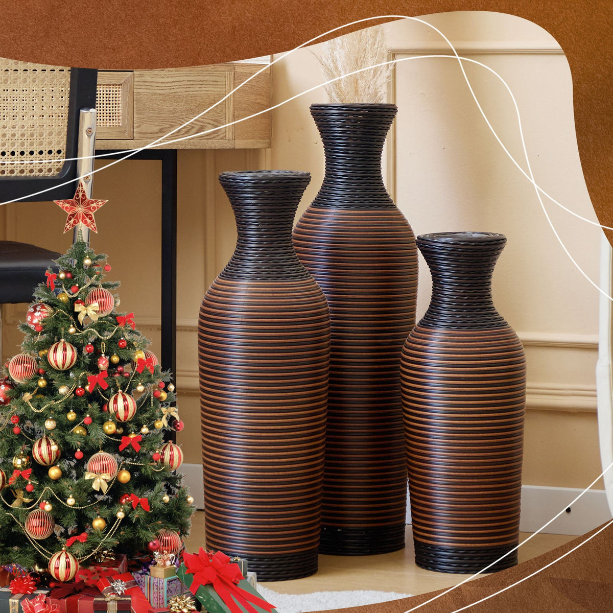 Hand – Woven PVC Rattan Vases, Set of 3