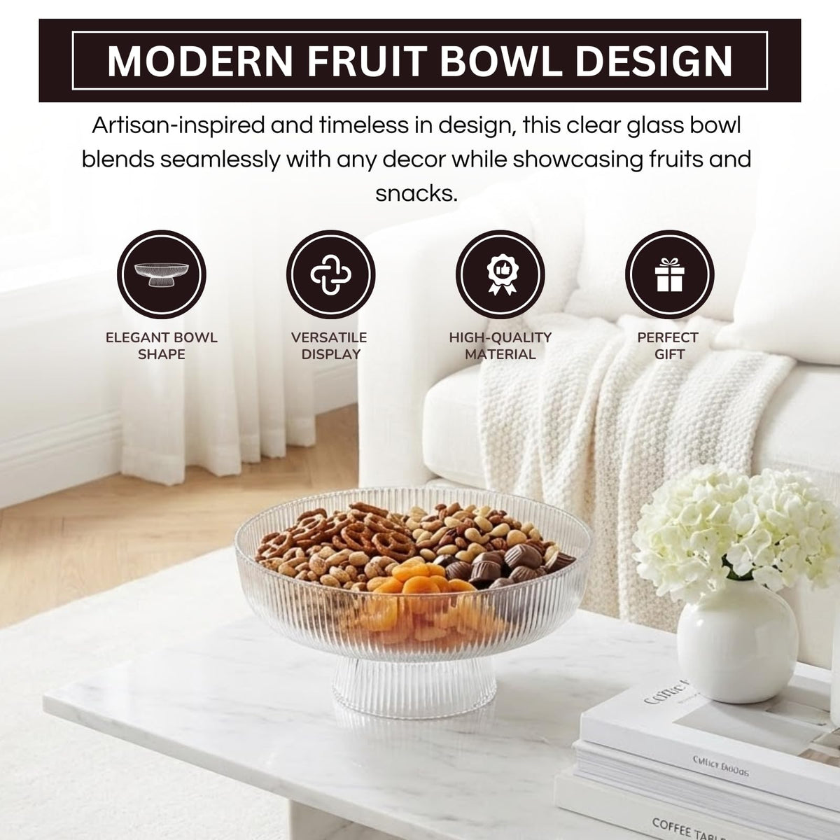 Decorative Fluted Transparent Glass Bowl, Fruit, Snacks Sweets