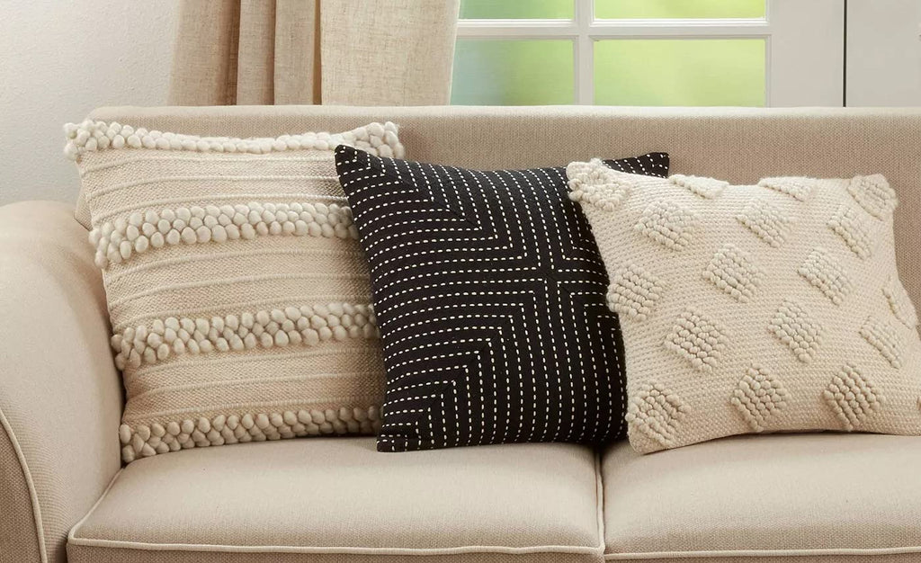 Fennco Styles Pom Pom Diamond Decorative Throw Pillow Cover 18" W x 18" L – Ivory Square Cushion Case for Home, Couch, B