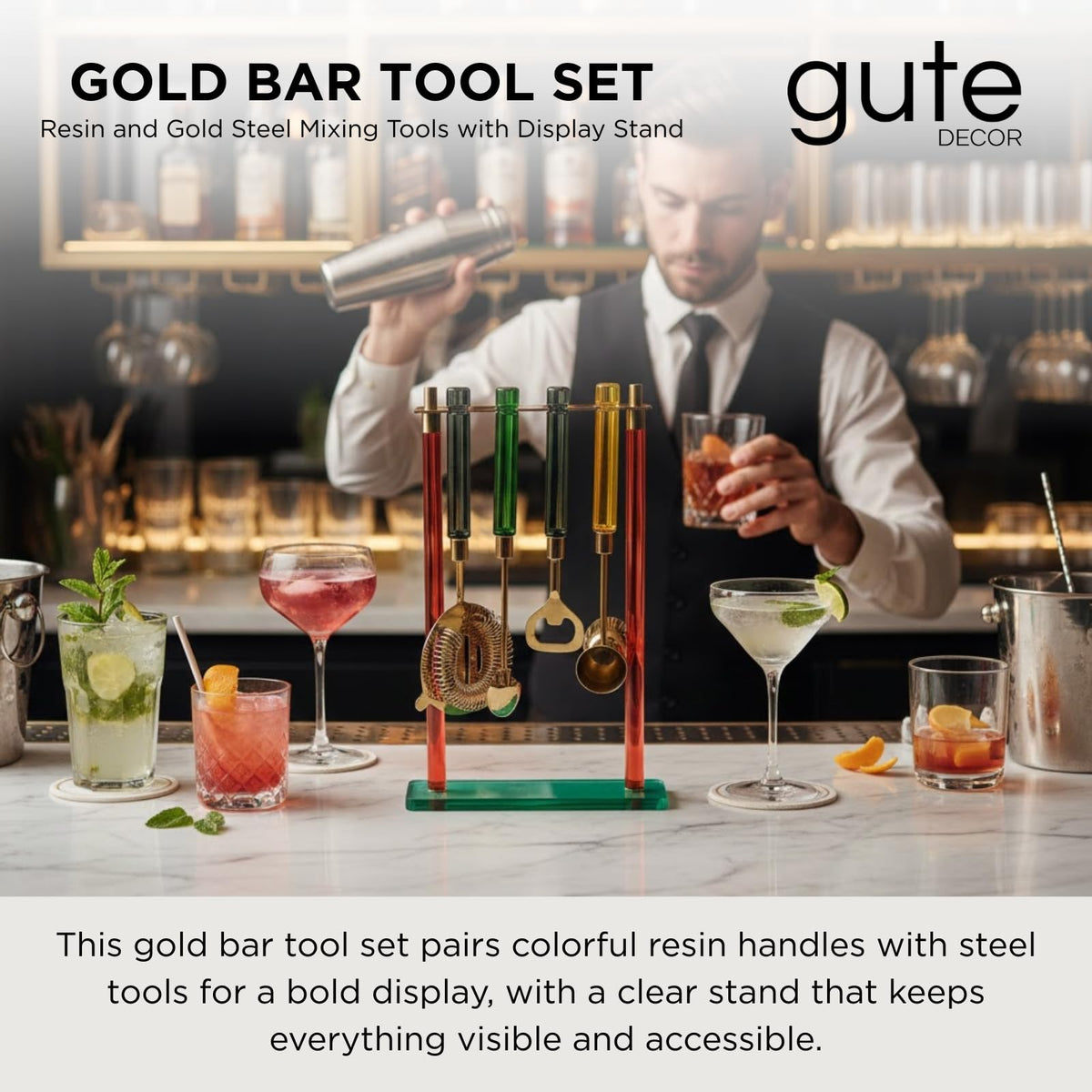 5 – PC Gold Bartender Kit with Stand & Color Handles