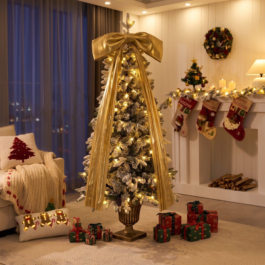 6FT Pre – Lit Flocked Christmas Tree with Real Pine Cones