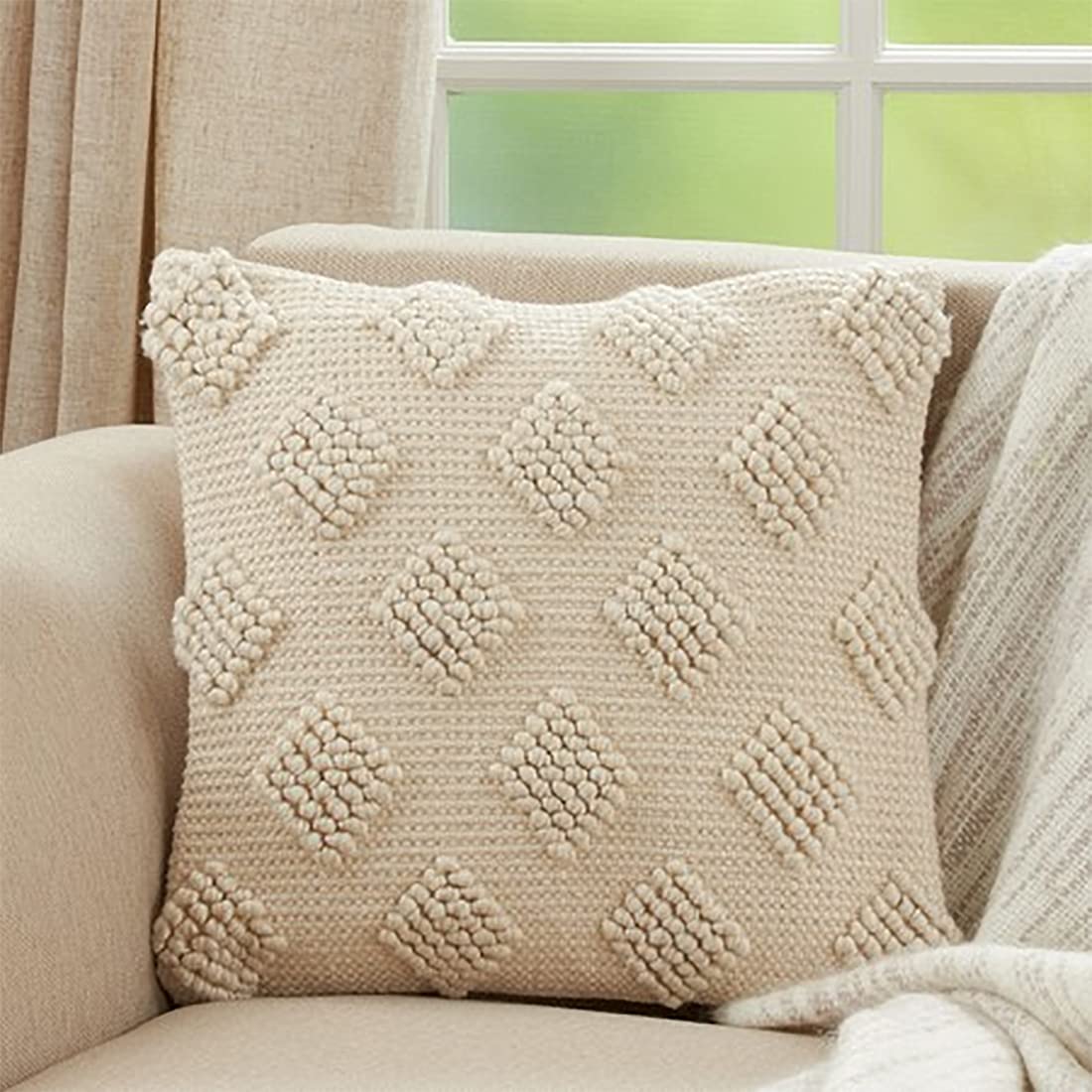Fennco Styles Pom Pom Diamond Decorative Throw Pillow Cover 18" W x 18" L – Ivory Square Cushion Case for Home, Couch, B