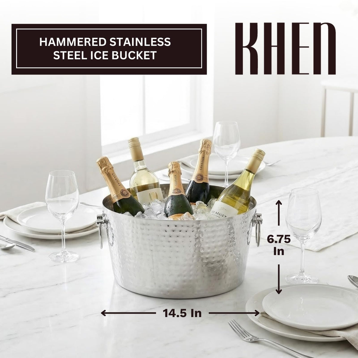 Hammered Stainless Steel Ice Bucket, Single Piece, 14.5 x 6.75 Inch