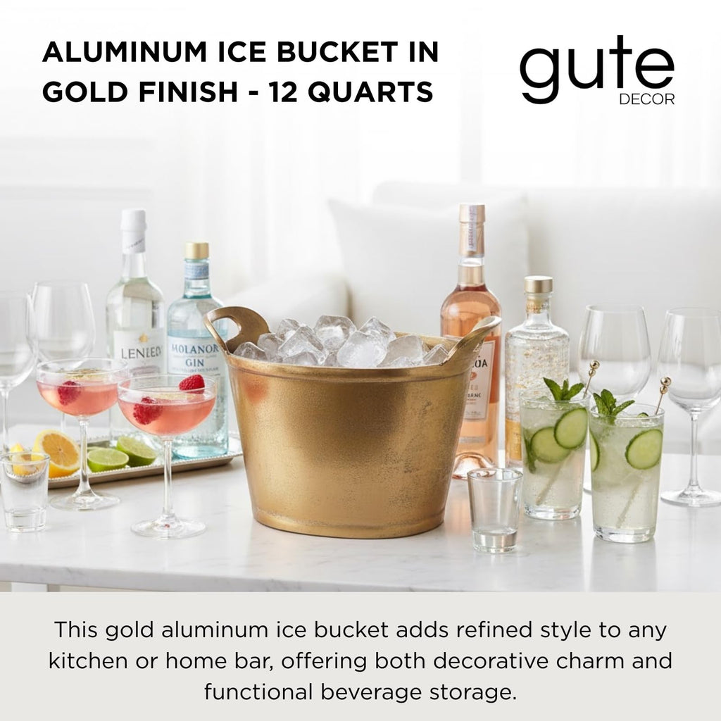 Solid Bronze Gold 12 – Quart Double – Walled Insulated Ice Bucket & Champagne Cooler (13.4" x 9.45")