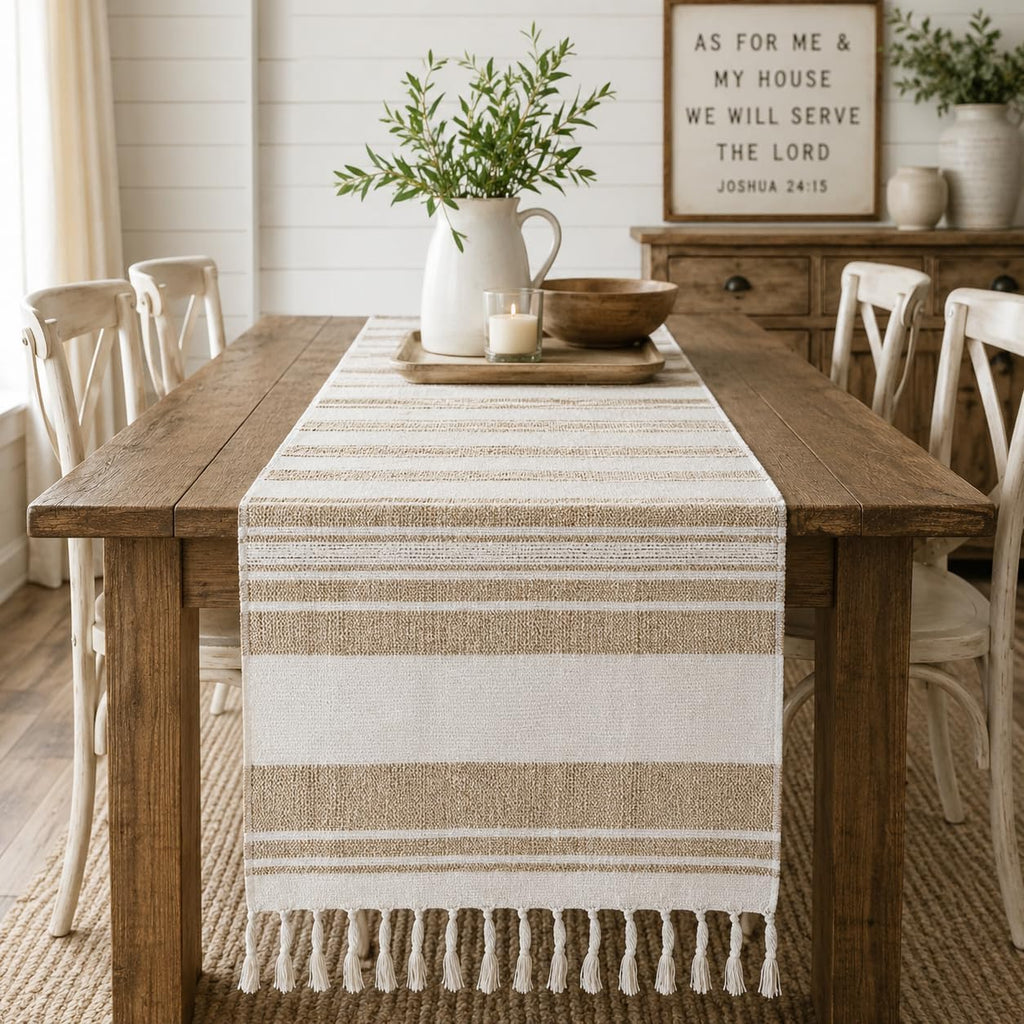 Fennco Styles Farmhouse Cotton Jute Table Runner with Tassel Fringe 14 x 72 Inch – Rustic Natural and Ivory Woven Table