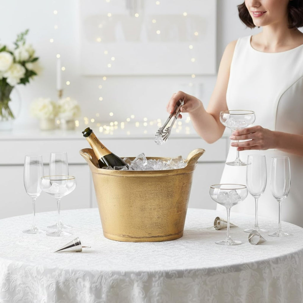 Solid Bronze Gold 12 – Quart Double – Walled Insulated Ice Bucket & Champagne Cooler (13.4" x 9.45")