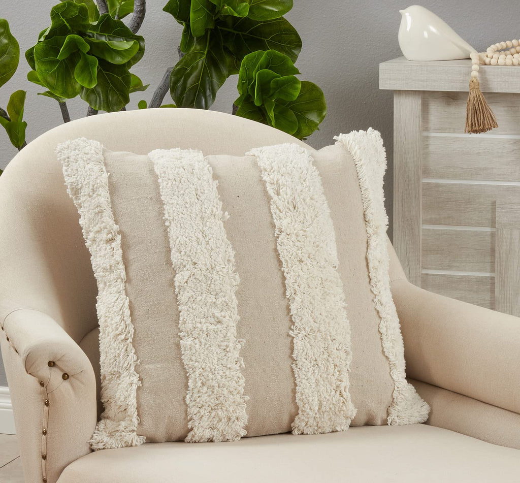Fennco Styles Tufted Stripe Cotton Decorative Throw Pillow 20" W x 20" L – Ivory Square Cushion for Home, Couch, Living