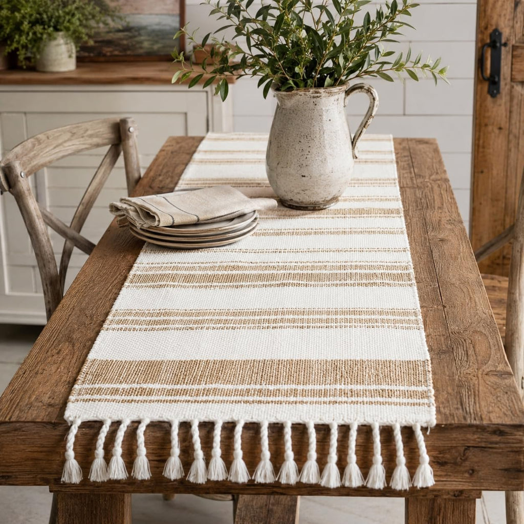 Fennco Styles Farmhouse Cotton Jute Table Runner with Tassel Fringe 14 x 72 Inch – Rustic Natural and Ivory Woven Table