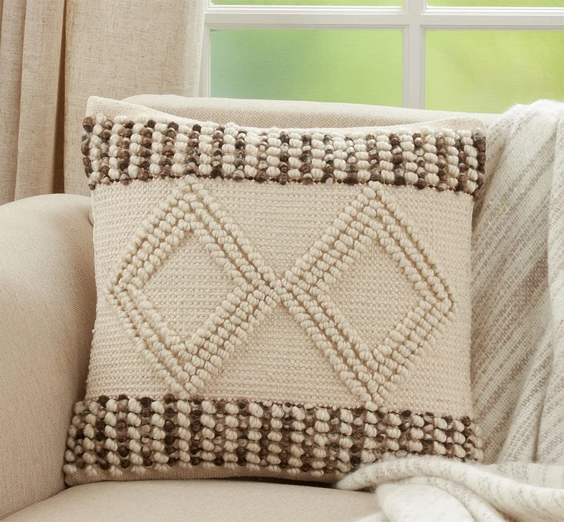 Fennco Styles Woven Textured with Diamond Design Decorative Throw Pillow Cover 18" W x 18" L – Ivory Square Cushion Case