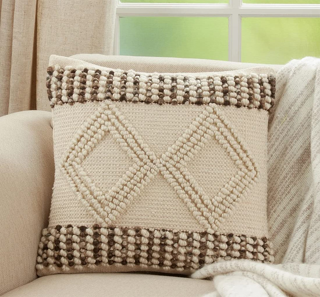 Fennco Styles Woven Textured with Diamond Design Decorative Throw Pillow Cover 18" W x 18" L – Ivory Square Cushion Case