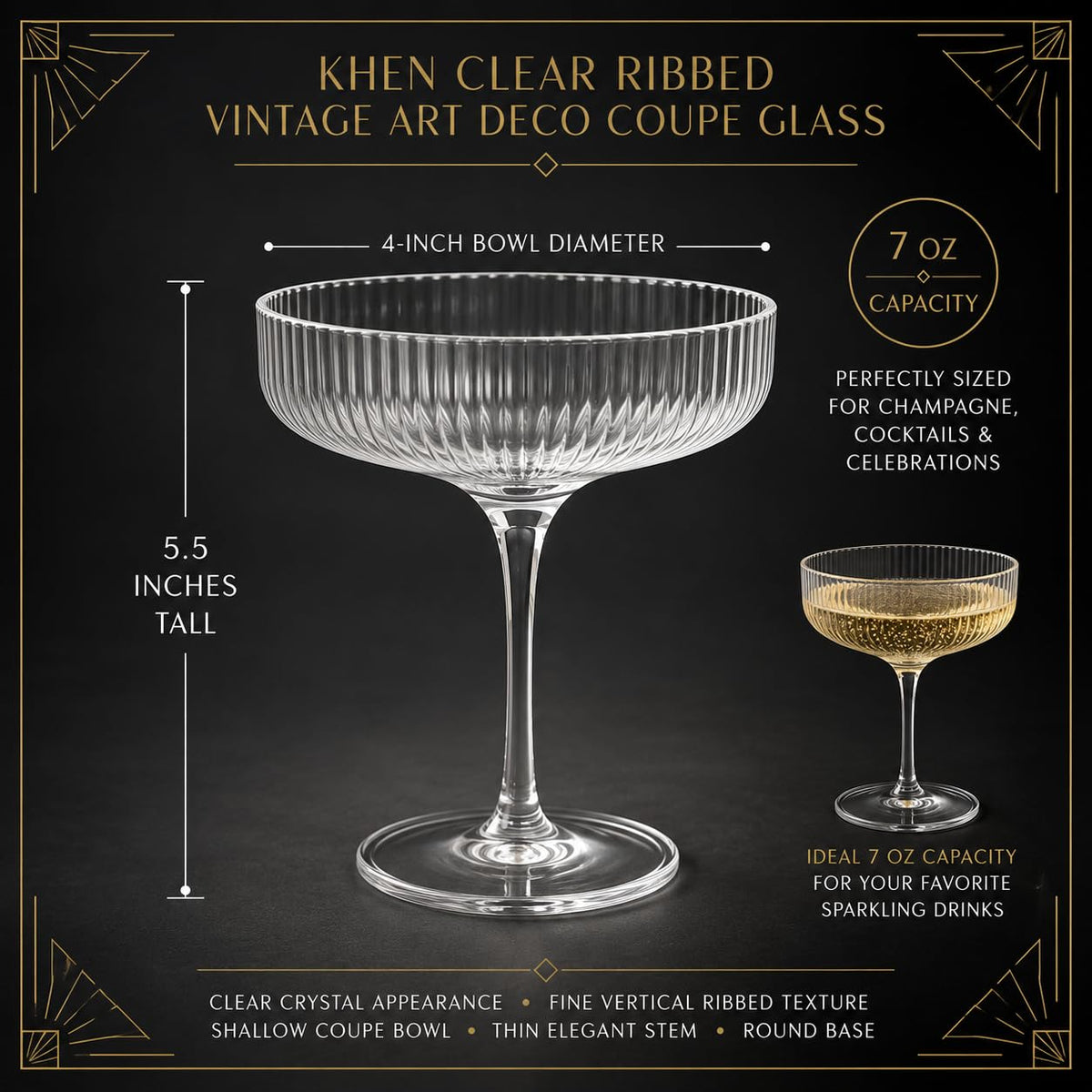 Como Ribbed Champagne Coupe Cocktail Glassware, Set of 12