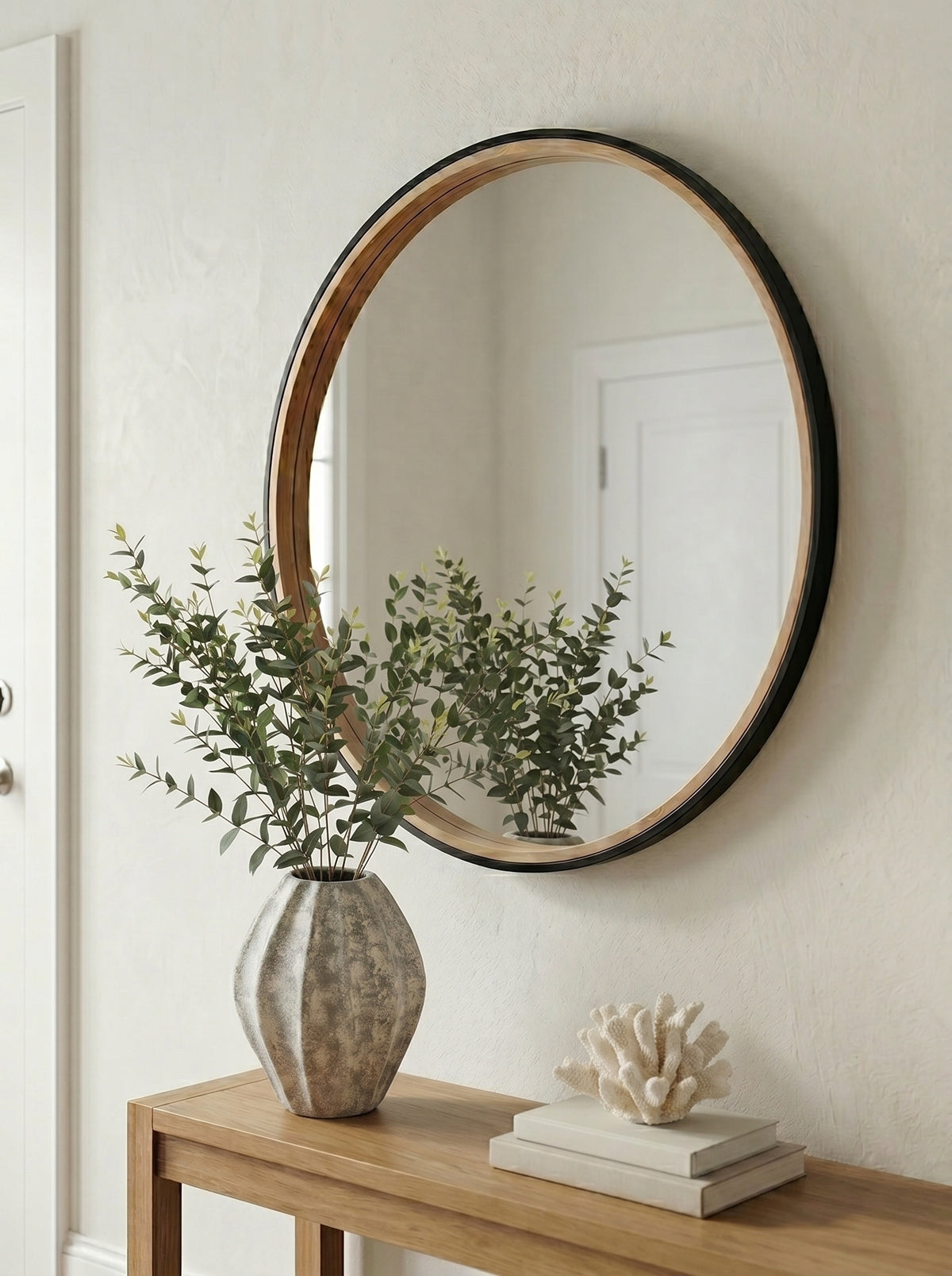 Two – Tone Black & Natural Wood Round Wall Mirror, 31.3 in
