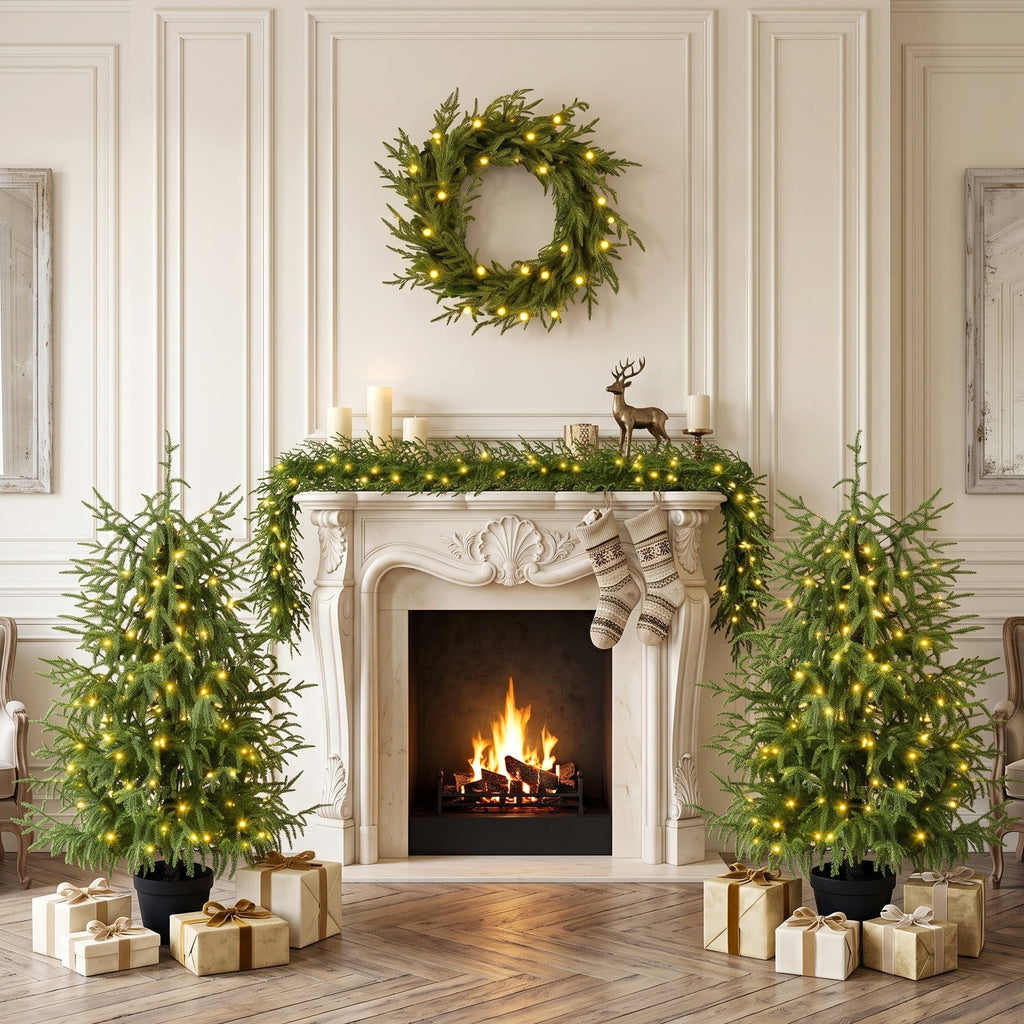 4 – Piece Christmas Tree Set – 2 Trees, Wreath, and Garland