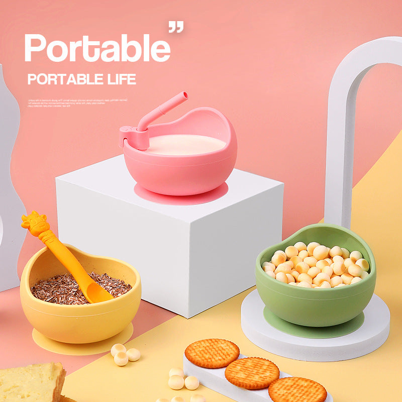 Children's Full Silicone Bowl Sucker Learning To Eat Training Meal Bowl Adsorption Baby Spoon Fork Meal Set Kindergarten