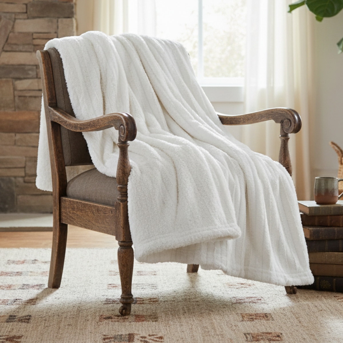 Tache White Ivory Polar Faux Fur with Sherpa Throw Blanket