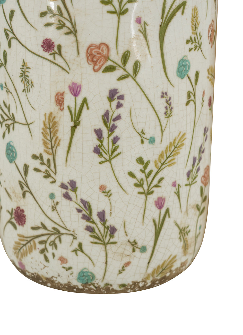 D5.3x10.6" Ceramic Cylinder Vase with Multi – Colored Floral Motifs