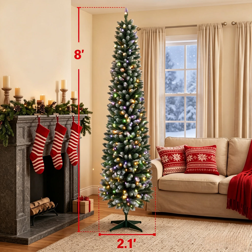 8ft Flocked Pencil Prelit Christmas Tree, Dual – Color