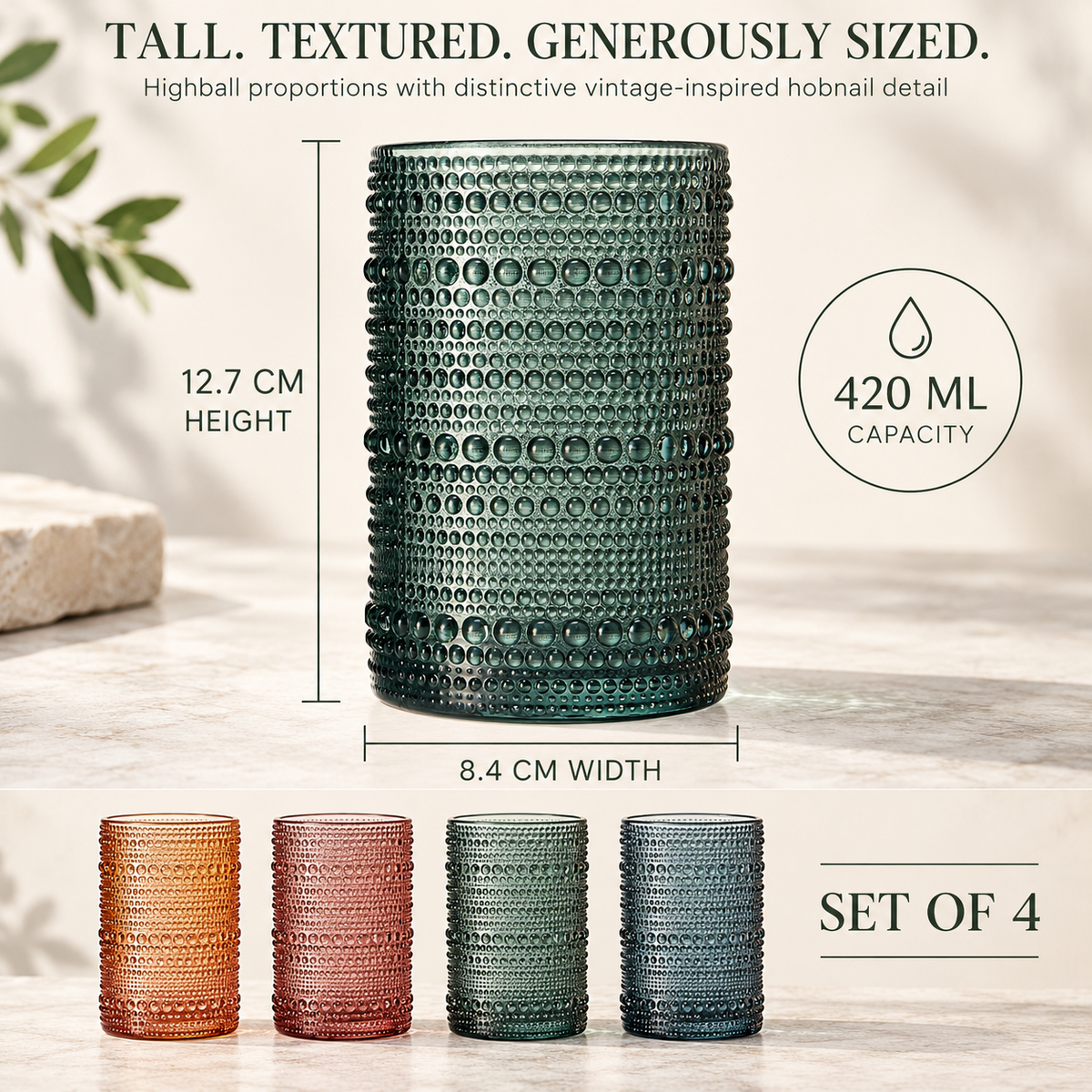 Tonal Hobnail Highball Glassware, Set of 4