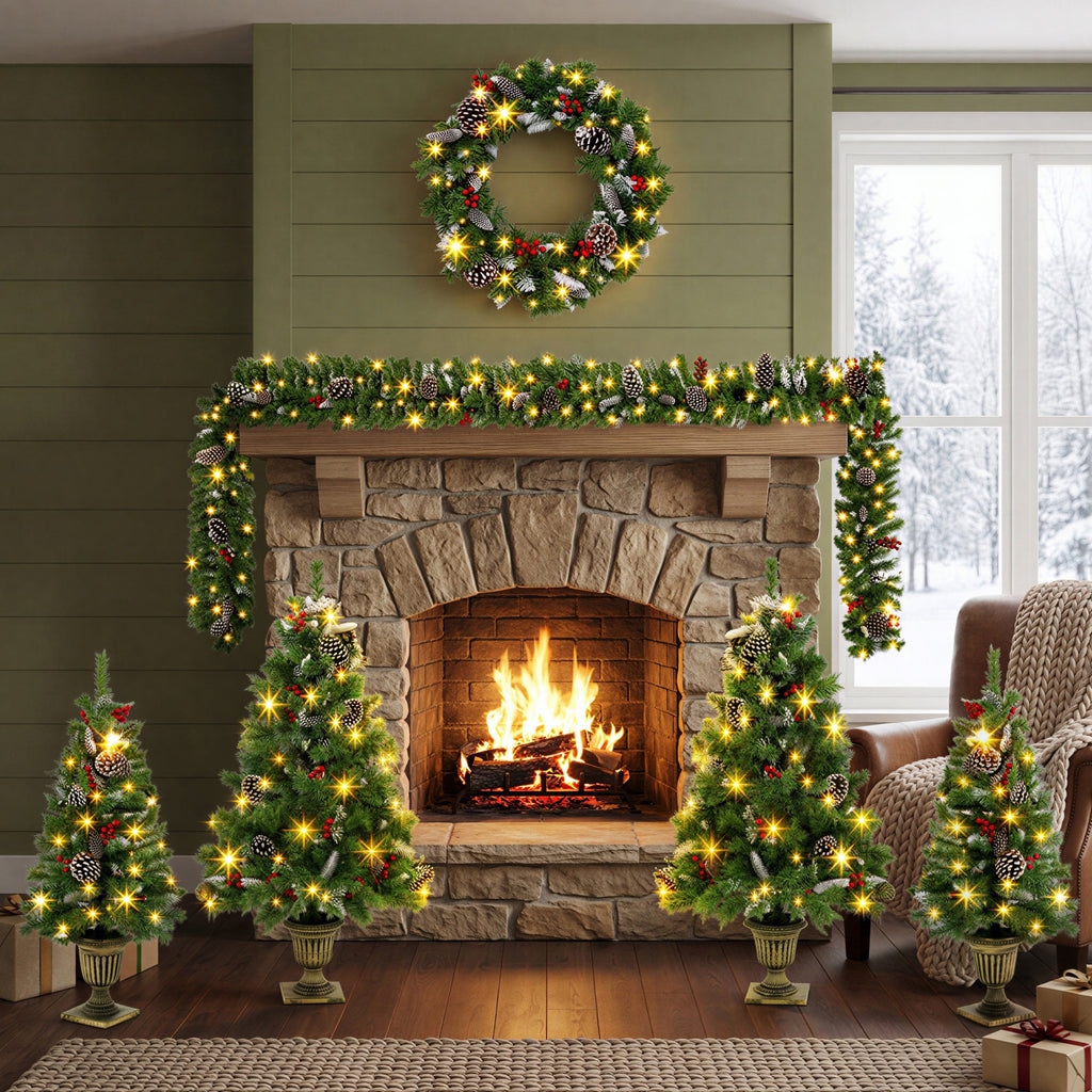 6 – Piece Christmas Tree Set – 4 Trees, Wreath, and Garland