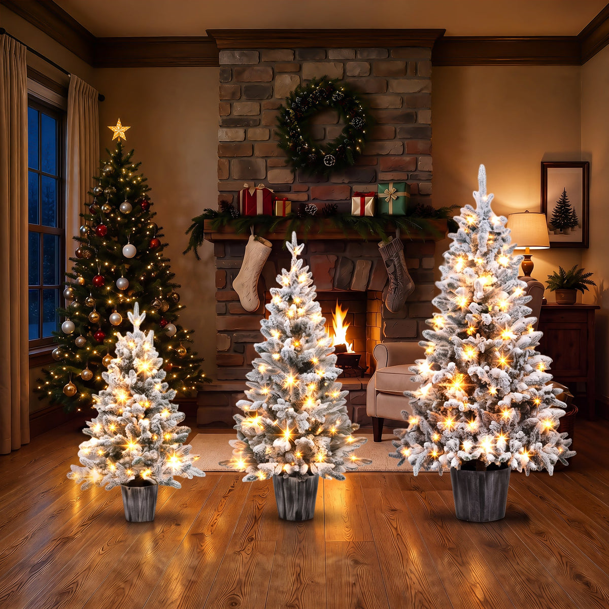 3 – Piece Flocked Pre – Lit Christmas Tree Set