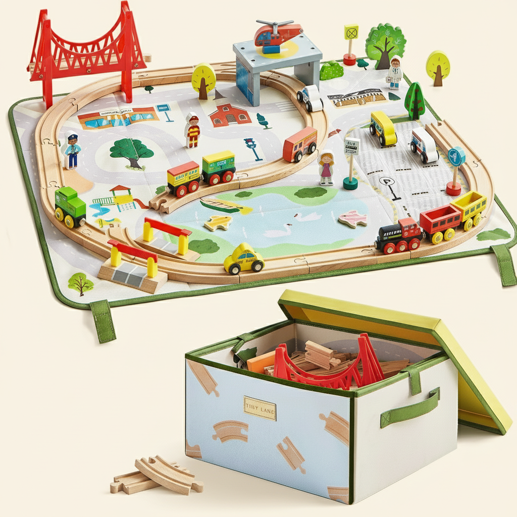 Tiny Land® 110 – Piece Wooden Train Set with Folding Storage Box