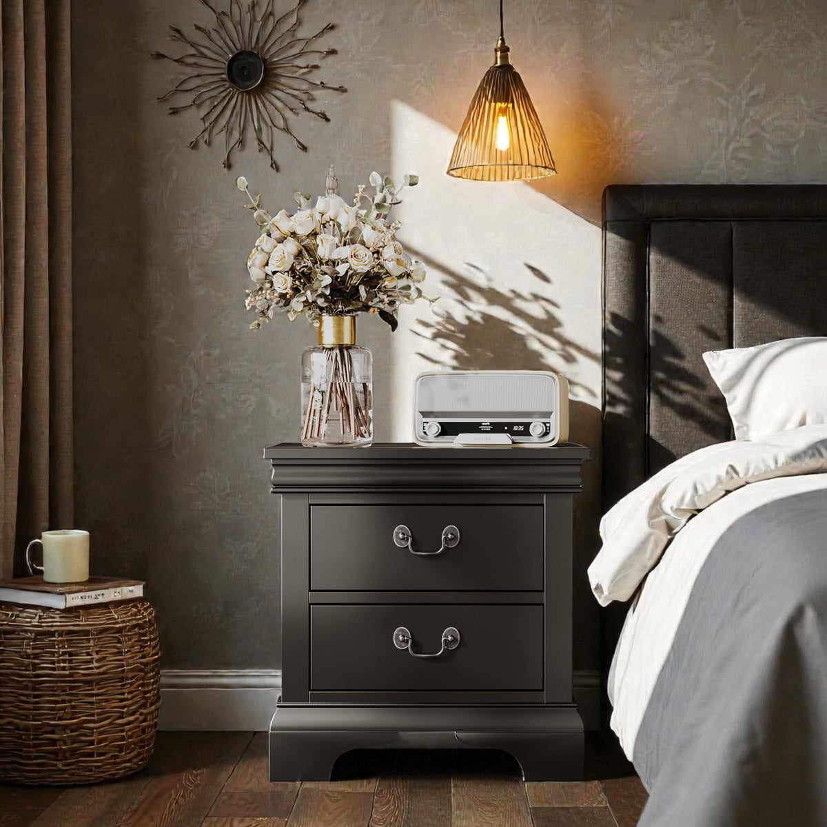 Classic Wooden Nightstand – Black