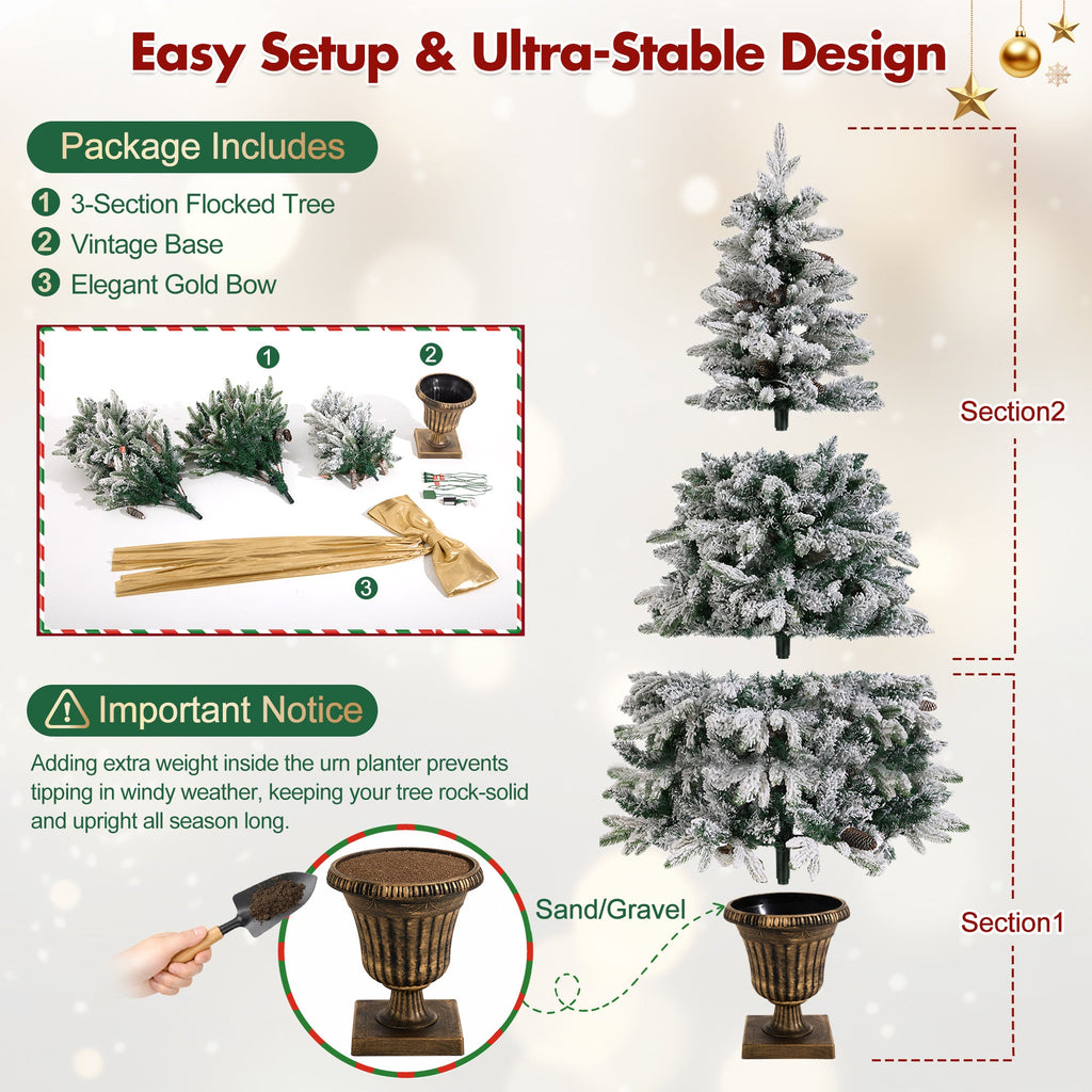 6FT Pre – Lit Flocked Christmas Tree with Real Pine Cones