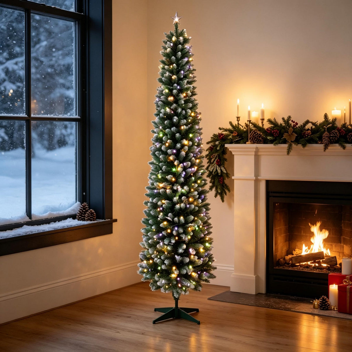 7ft Flocked Pencil Prelit Christmas Tree, Dual – Color