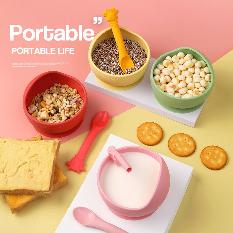 Children's Full Silicone Bowl Sucker Learning To Eat Training Meal Bowl Adsorption Baby Spoon Fork Meal Set Kindergarten