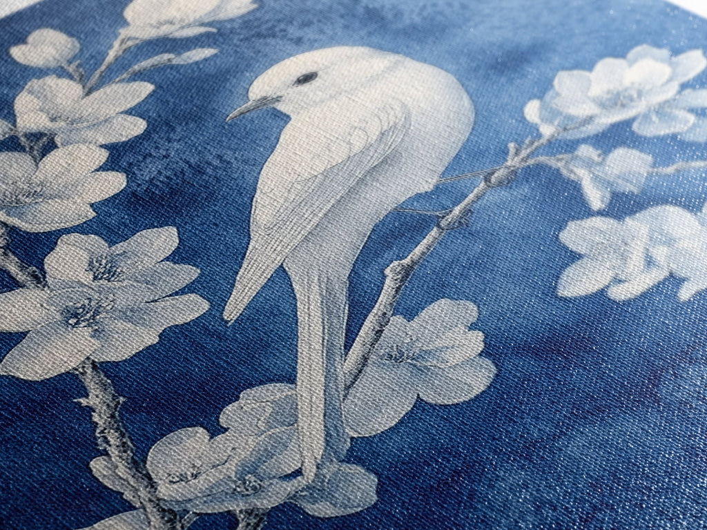 Blue Botanial Wall Art Chinoiserie Wall Art, White Bird, Blue Chinoiserie Home Decor, Botanical Print, Bird Painting, Fr