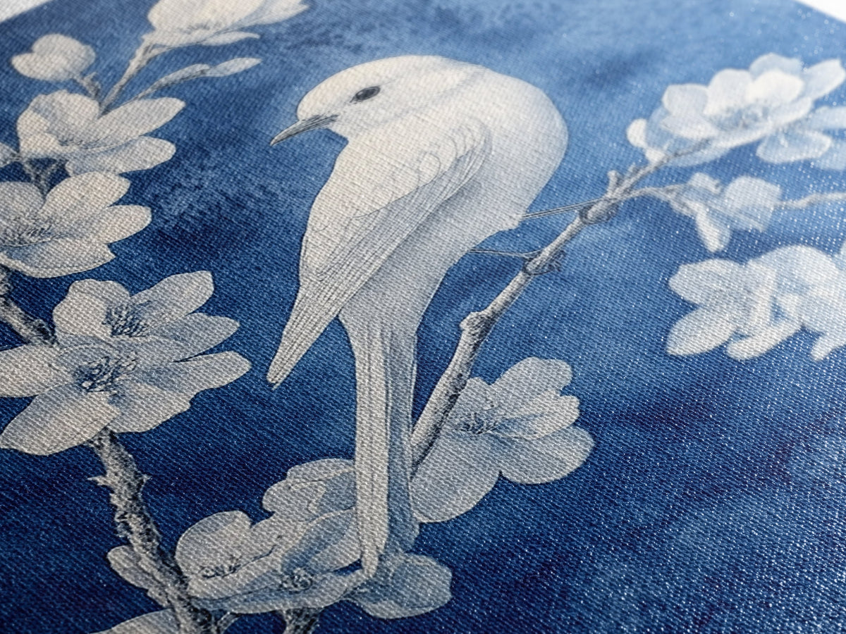 Blue Botanial Wall Art Chinoiserie Wall Art, White Bird, Blue Chinoiserie Home Decor, Botanical Print, Bird Painting, Fr