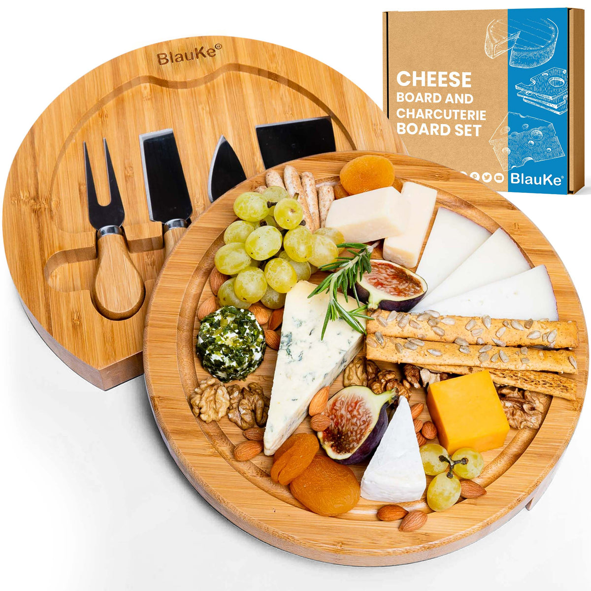 Bamboo Cheese Board and Knife Set – 10 Inch Swiveling Charcuterie Board with Slide – Out Drawer