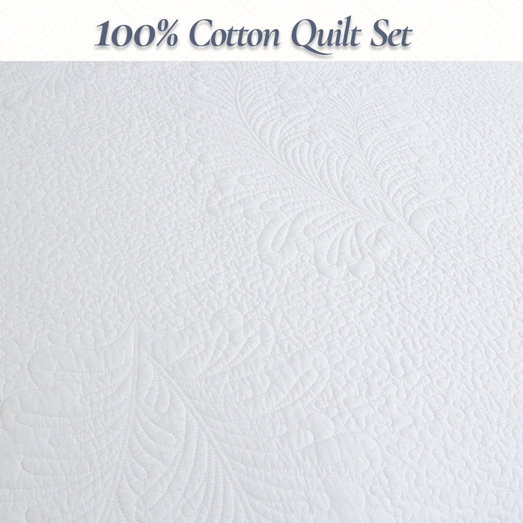 Classic Modern Palm Leaf Stitch Solid White 100% Cotton 3 Piece Quilt Bedding Set